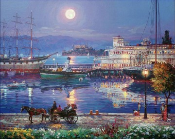 150の主題の芸術作品 Painting - 満月の都市波止場風景